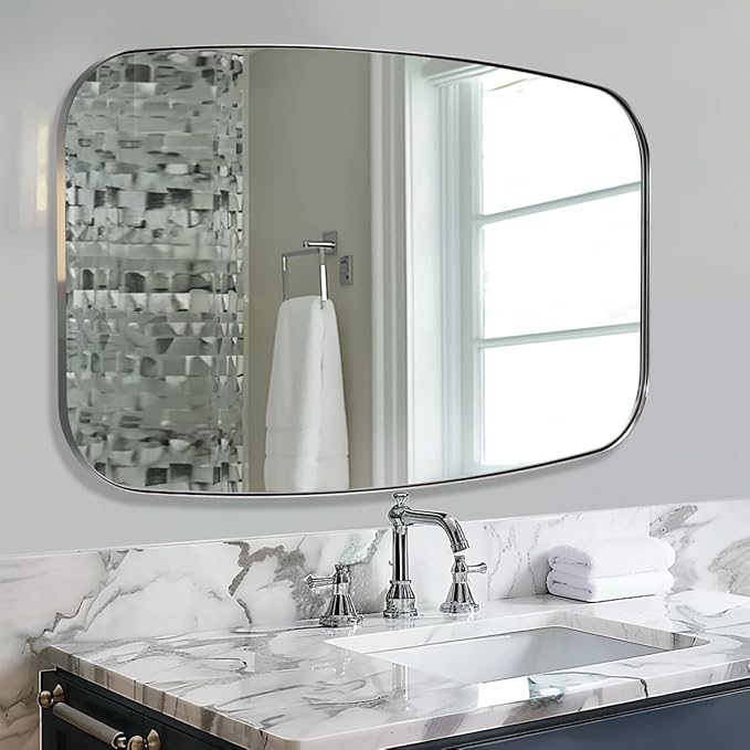 ANDY STAR Chrome Oblong Mirror, 36x48 Inch Polished Chrome Oval Mirror for Bathroom with Stainless Steel Metal Frame, Wall Mouned for Bathroom, Living Room, Entryway