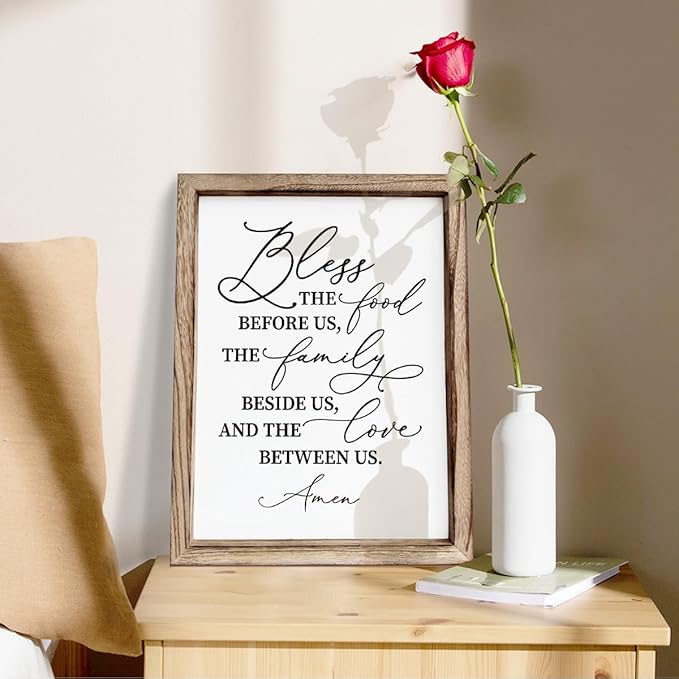 Christian Wooden Wall Sign, Dining Room Decors, Farmhouse Decor for Kitchen, Rustic Home Decor, Framed Wall Plaque Sign 15 * 11.5 inches, Bless the Food Before Us