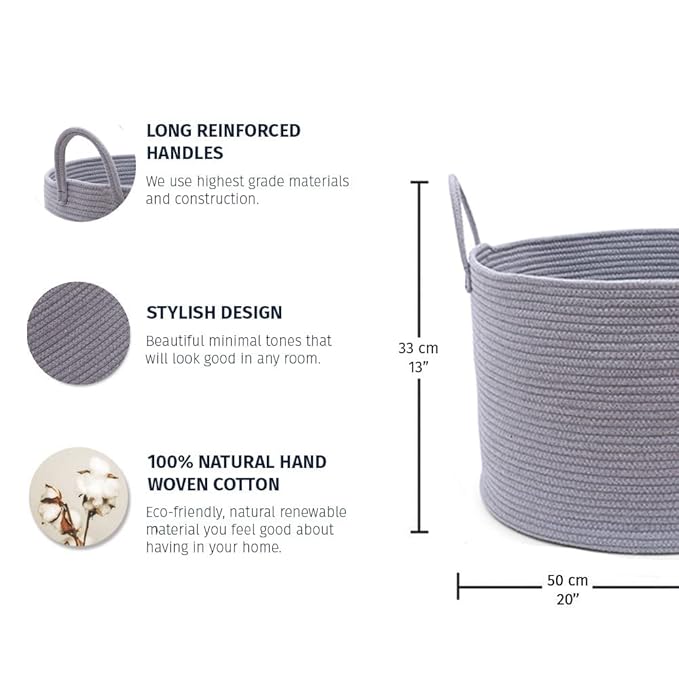 OrganiHaus Woven Laundry Basket, Large Cotton Rope Blanket Holder with Handles, Soft & Sturdy Nursery Hamper, Decorative Toy Bin for Living Room Organization 20x13 inches - Gray