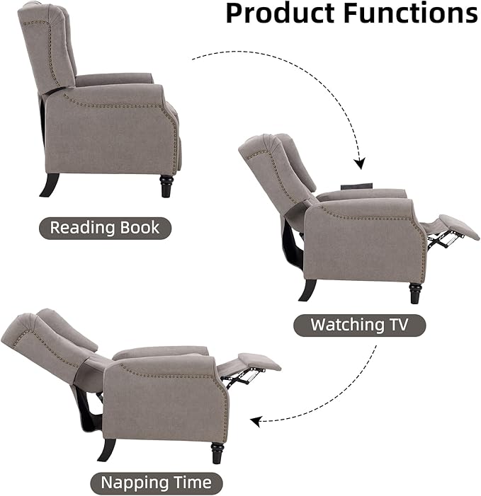 CANMOV Push Back Recliner Chair, Accent Chair,Mid Century Wingback Recliner, Fabric Push Back Recliner Chair Single Armchair Sofa with Rivet Decoration,Button-Tufted Back for Living Room, Grey