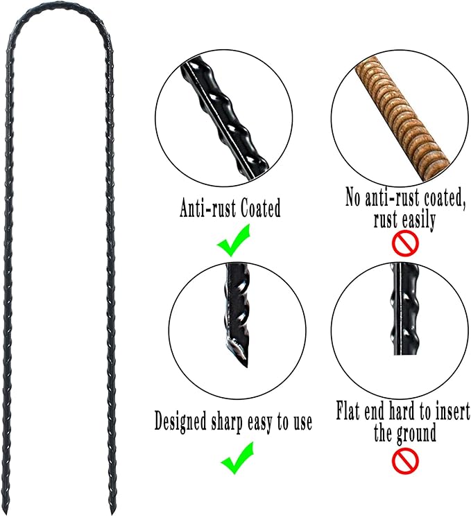 DTANX 12 Pack 12 Inch Rebar Stakes Heavy Duty Trampoline Anchors, Garden Stakes Tent Stakes Steel Ground Anchors, Black