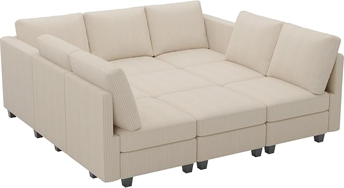 Belffin Corduroy Modular Sectional Sofa 9 Seat Convertible Sectional Sleeper Sofa Bed with Storage Ottomans Modular Sectional Couch Bed for Living Room Beige