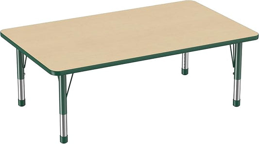 Factory Direct Partners FDP Rectangle Activity School and Classroom Kids Table (36 x 60 inch), Toddler Leg, Adjustable Height 15-24 inches - Maple Top and Green Edge