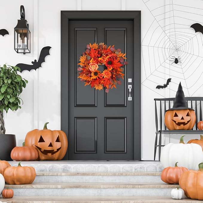 24" Fall Wreath for Front Door Outside - Sunflower, Pumpkin, Berry & Maple Leaves | Weatherproof Autumn Outdoor Wreaths with Hanger Hook for Thanksgiving, Harvest