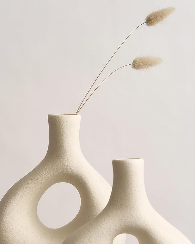 NOBULA White Ceramic Donut Vases – Modern Home Decor for Living Room, Bedroom & Table Centerpiece - Minimalist Nordic – Unique Vases for Olive Plant & Flowers – Decorative Coffee Table Vase Set of 2