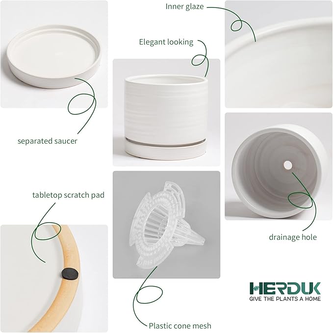 8 Inch Pots for Plants, Ceramic Planter Pot with Drainage Hole & Saucer, Indoor/Outdoor Cylinder Round Planter Pot, Matte White