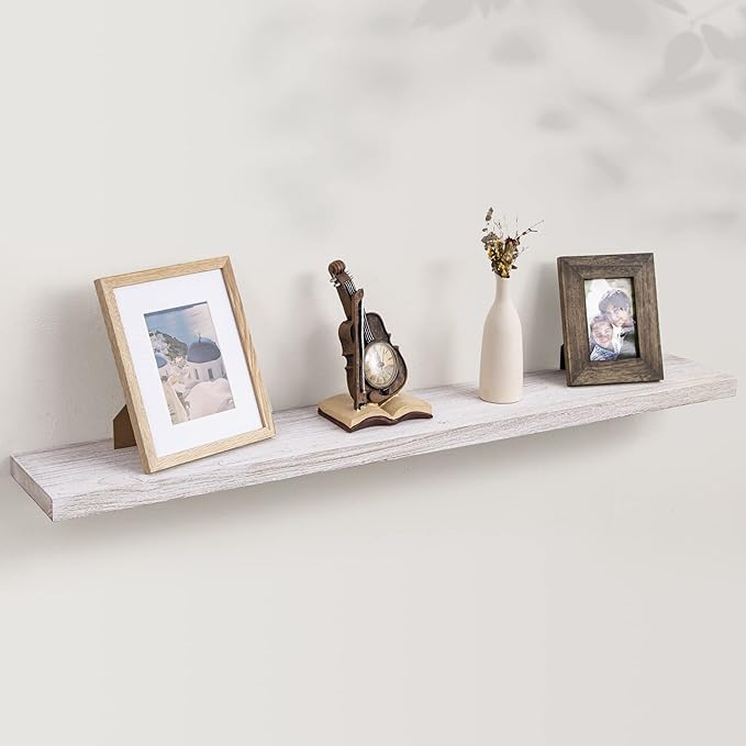 Axeman Floating Shelves for Wall, Rustic Elm Wood 48''W x 8" D Wall Shelf with Invisible Bracket, Large Long Wall Mounted Storage Shelves for Living Room, Bedroom, Kitchen, Bathroom Decor, White Wash