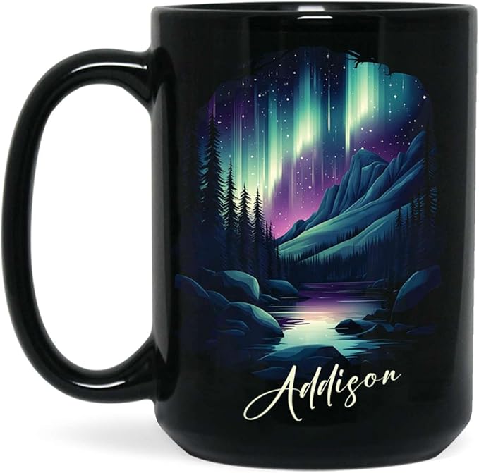 Customized Name Coffee Cup 11oz 15oz, Personalized Northern Lights Landscape Mug, Scenic Mountain And River Black Cup, Custom Northern Lights Inspired Ceramic Mug, Gift For Women