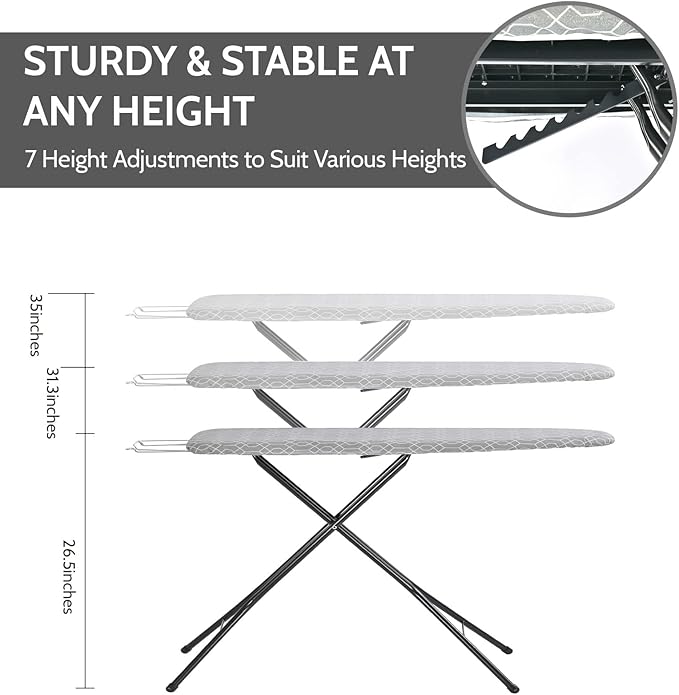 APEXCHASER Full Size Ironing Board with Iron Rest, Lightweight Iron Board with Height Adjustable, Extra Thick Heat-Resistant Cover with Padding, Heavy-Duty Sturdy Metal Legs, 43x13 Grey