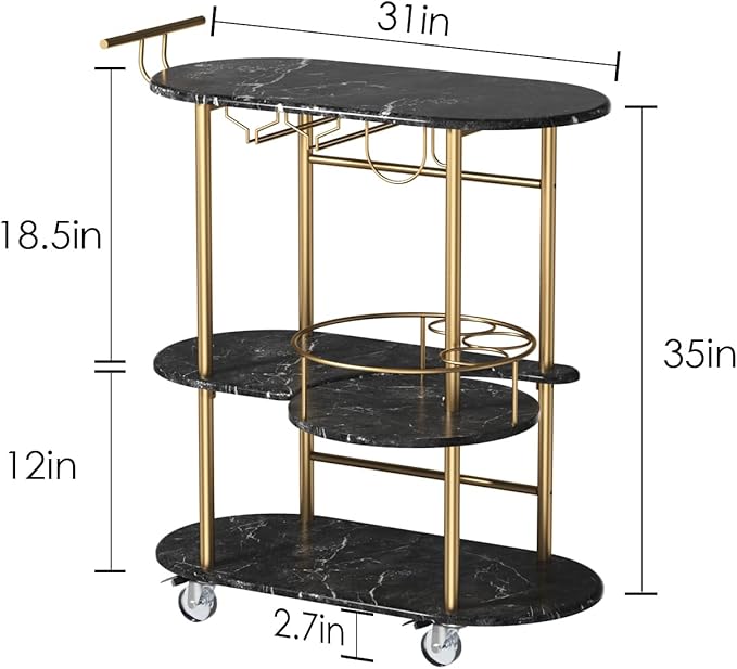 Black Bar Carts with 4-Tier Storage Shelves, Mobile Bar Serving Cart with Wine Rack and Glass Holder, for The Home, Kitchen, Living Room, Dining Room