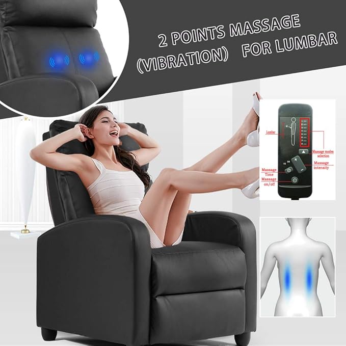 BestMassage | Recliner Chair | with 2 Point Massage Function | Black | with Lumbar Support, Adjustable Push Back, Wide Armrests, Footrest & Padded Seat | Easy Assembly | for Living Room, Home Theatre