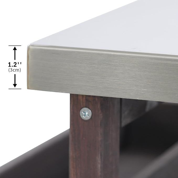 Farmhouse Solid Wood Grill Table with Stainless Steel Top, Outdoor Rolling Bar Cart & Storage Cabinet with Spice & Towel Rack, Outdoor Kitchen Island with Internal Storage Rack, Dark Brown