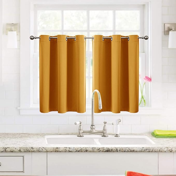 ChrisDowa Small Window Curtains for Kitchen and Bedroom - Grommet Short Thermal Insulated Room Darkening Curtains (2 Panels, Mustard Yellow, 42 x 36 Inch)