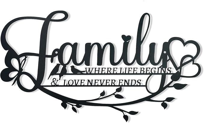 Family Sign Black Metal Wall Art Decor, Oppro Family Where Life Begins Love Never Ends Wrought Iron Wall Decorations, Hanging Plaque Letters Signs Home Decor for Living Room Bedroom Dining Room Kitchen Mother's Day Father's Day