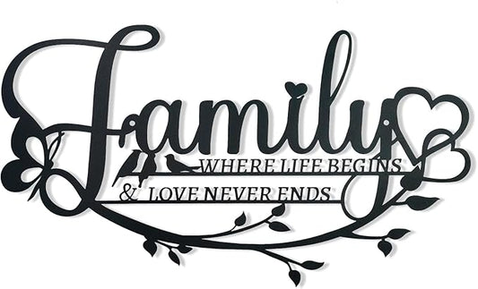 Family Sign Black Metal Wall Art Decor, Oppro Family Where Life Begins Love Never Ends Wrought Iron Wall Decorations, Hanging Plaque Letters Signs Home Decor for Living Room Bedroom Dining Room Kitchen Mother's Day Father's Day