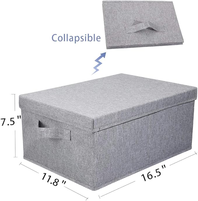 HOONEX Linen Foldable Storage Bins with Lids, 2 Pack, Storage Boxes with Carrying Handles and Sturdy Heavy Cardboard, 16.5" L x 11.8" W x 7.5" H for Shoes, Books, Clothes, Light Grey
