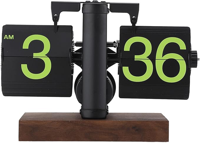 Flip Desk Clock, Retro Vintage Flip Desk Table Clock, Digital Sided Large Numbers Mechanical Flip Clock Wood Base for Living Room, Study Room and Office（Frosted Black）
