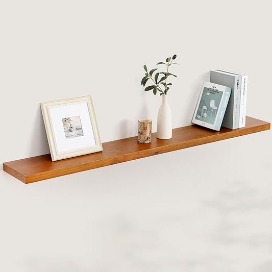 Fun Memories 55 Inches Floating Shelves - 8 Inch Deep Rustic Solid Pine Wood Wall Shelves for Storage - Farmhouse Wall Mounted for Living Room - Heavy-Duty Metal Bracket - 55" W x 8" D - Honey