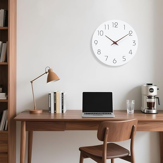 Mosewa Wall Clock 12 Inch Silent Non Ticking Battery Operated Wooden White Modern Office Simple Minimalist Clock Decorative for Kitchen Home Bathroom Living Room