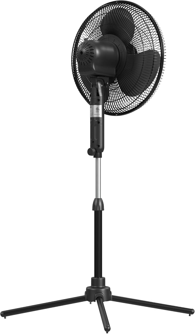 EZ-CHILL 16” Oscillating Pedestal Fan, 3-speed Options, 90-Degree Oscillating Head, Adjustable Height and Tilt, Powerful Air Flow, Black, MTFS-16B-BLK