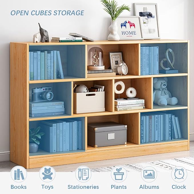 IOTXY Open Shelf Low Bookcase - Wooden 3-Tier Floor Standing Display Cabinet Organizer with Base, 8 Cubes Short Horizontal Bookshelf in Tiffany-Green