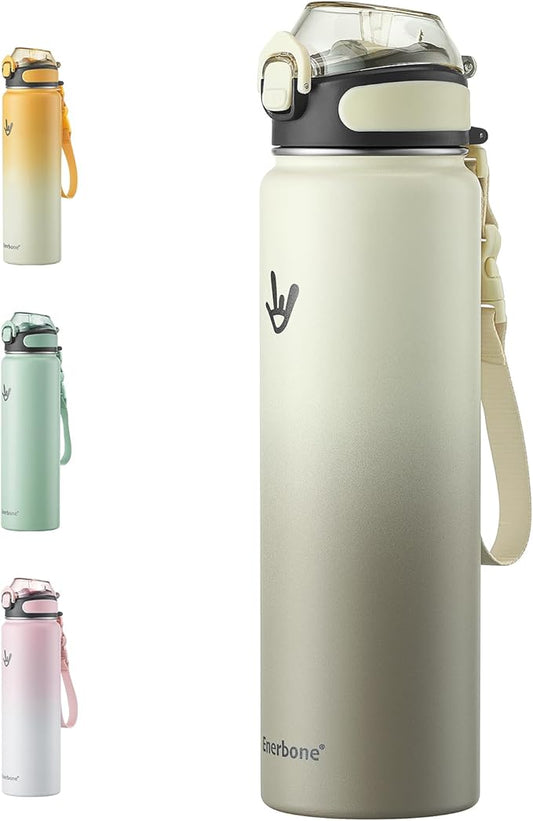 Enerbone 32 oz Insulated Water Bottle, Stainless Steel Bottle with Carrying Strap, Double-Wall Vacuum Insulation Design, Leakproof Sports Bottle with Straw, Keep Drinks Cold or Hot for Hours
