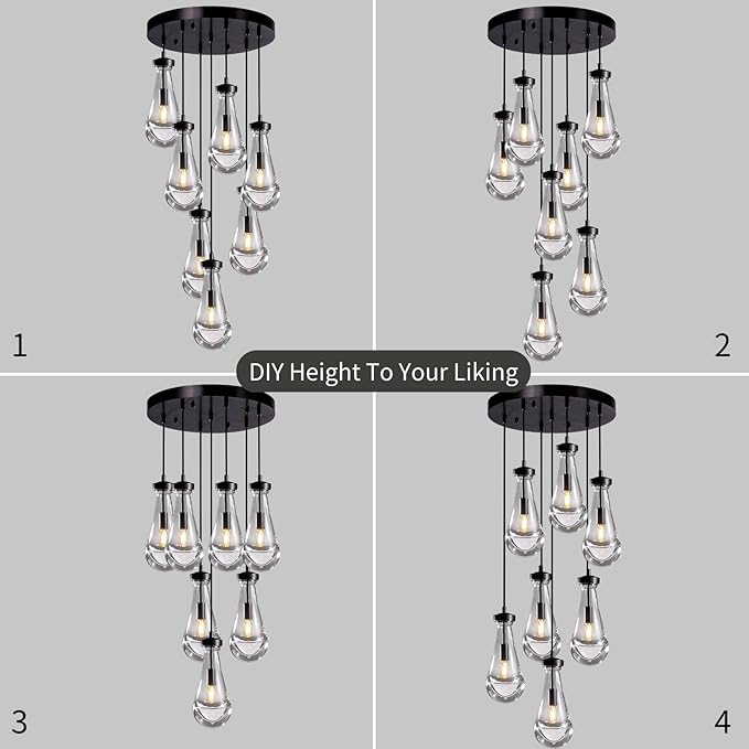 7 Light Raindrop Chandeliers, Bronze Teardrop Cluster Pendant Lights Kitchen Island, Black Dining Room Chandelier Over Table Hanging Pendant Lighting for High Ceiling, Entryway Staircase