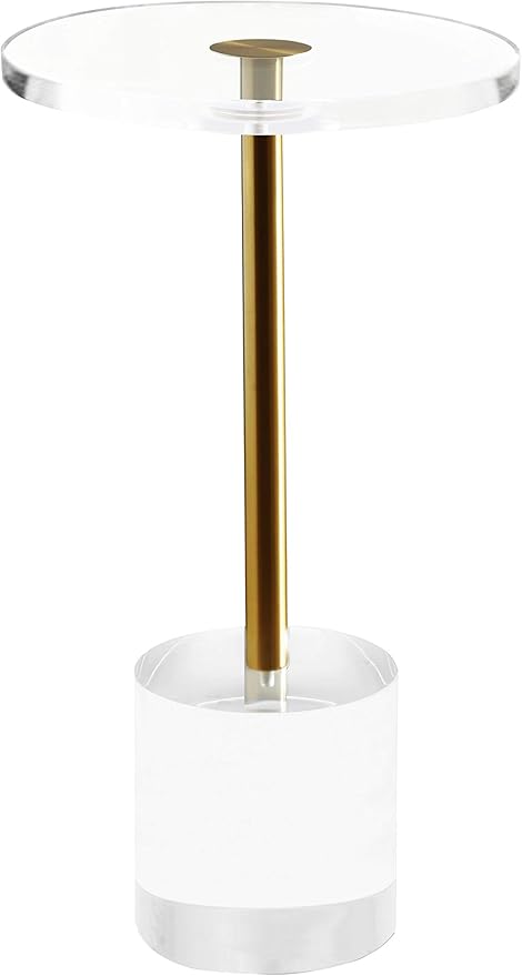 Clear Acrylic End Table,Side Table,Brushed Brass Metal,Round,for Office, Living Room and Bedroom,Easy Assembly,12x12 inch，21.3 inch high