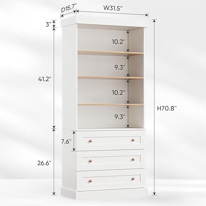 Vyre 71" Tall Farmhouse Bookshelves with Drawers, Set of 4 – Large Modular Bookcase with Adjustable Shelves, Storage Cabinet for Living Room, Kitchen, Home Office, White