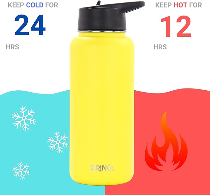 DRINCO Stainless Steel Water Bottle Spout Lid Vacuum Insulated Double Wall Water Bottle Wide Mouth (40oz 32oz 22oz 18oz 14oz) Leak Proof Keeps Cold or Hot (32 oz, 32oz Illuminating Yellow)