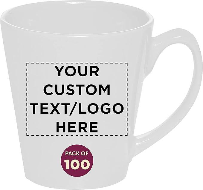 DISCOUNT PROMOS Custom Glossy Ceramic Latte Coffee Mug 12 oz. Set of 100, Personalized Bulk Pack - Perfect for Tea, Espresso, Cappuccino, Hot Cocoa - White