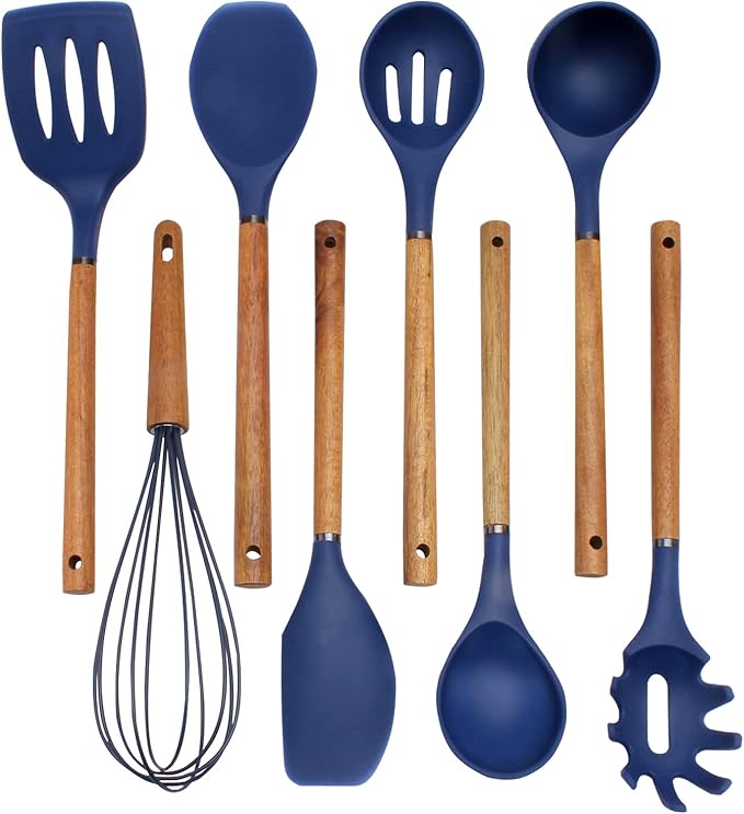 Country Kitchen Non Stick Silicone Utensil Set with Rounded Wood Handles for Cooking and Baking, 8 Piece Set, Navy