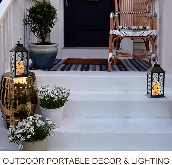 Bright Zeal 2-Pack 13.5" Vintage Candle Lantern with LED Pillar Candle (Black, 6hr Timer) - IP44 Waterproof Battery Powered Candle Lantern - Outdoor Patio Hanging Lantern Decorative Tabletop Lantern