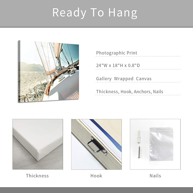 ARTISTIC PATH Sailboats Pictures Seascape Arts Paintings: Nautical & Sea Artwork Printed on Wrapped Canvas for Bathroom (24" W x 18" H, Multi-Sized)