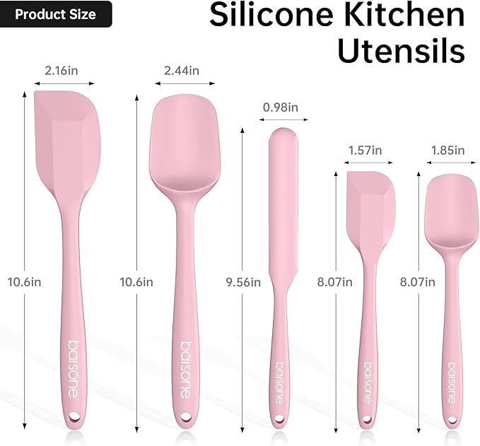 Barsone 5-Piece Silicone Spatula Set（ Heat Resistant 446°F Food Grade BPA Free, Nonstick Cookware Safe Dishwasher Safe Kitchen Tools for Baking, Cooking, Stirring, Pink）