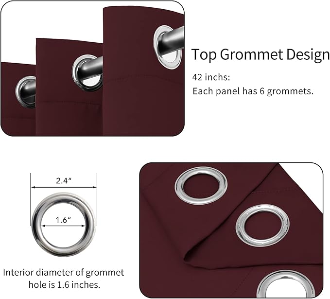 Easy-Going Blackout Curtains for Bedroom, Solid Thermal Insulated Grommet and Noise Reduction Window Drapes, Room Darkening Curtains for Living Room, 2 Panels(42x72 in, Wine)