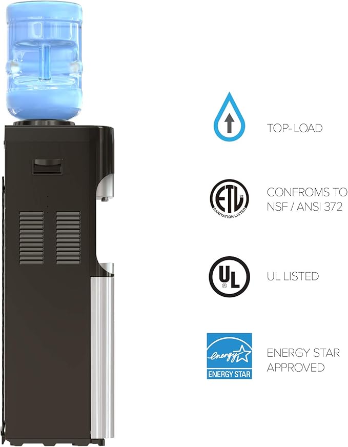 Brio Essential Series Top Loading Water Cooler Dispenser - Tri Temp Dispense, Child Safety Lock, Holds 3 or 5 Gallon Bottles - UL/Energy Star Approved