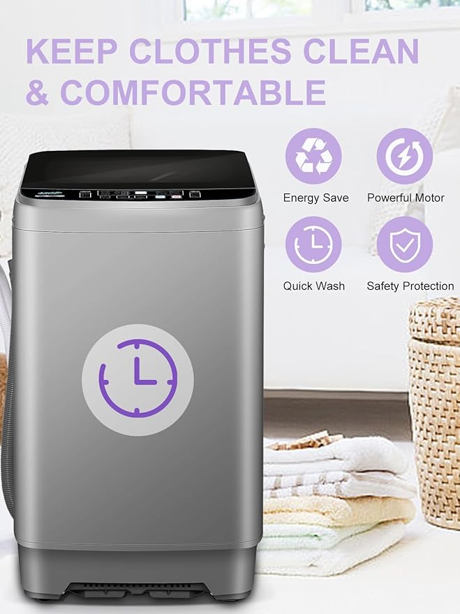 Full-Automatic Washing Machine 25 lbs Portable Washer 10 Wash Program & 8 Water Level with LED Display，Drain Pump, Ideal for Apartments, RV, Camping, Grey