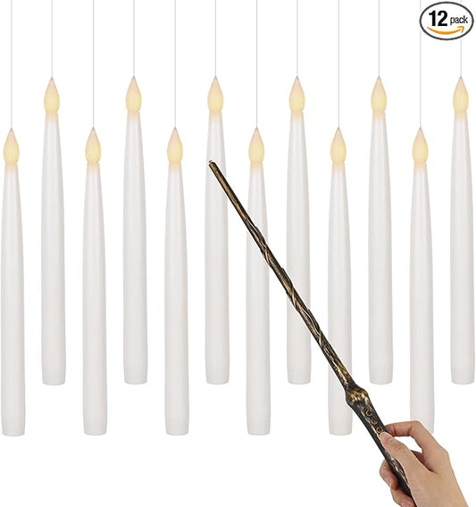 GenSwin 10.8" Floating Candles with Magic Wand Remote Timer, Flameless Taper Candles Flickering Battery Operated, LED Electric Hanging Window Candle Christmas Halloween Decorations(12 Pack, White)