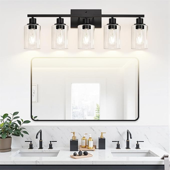 5-Light Bathroom Light Fixtures, Matte Black Modern Vanity Lights with Clear Glass Shades, Bathroom Vanity Light for Mirror Living Room Cabinet Bedroom Porch