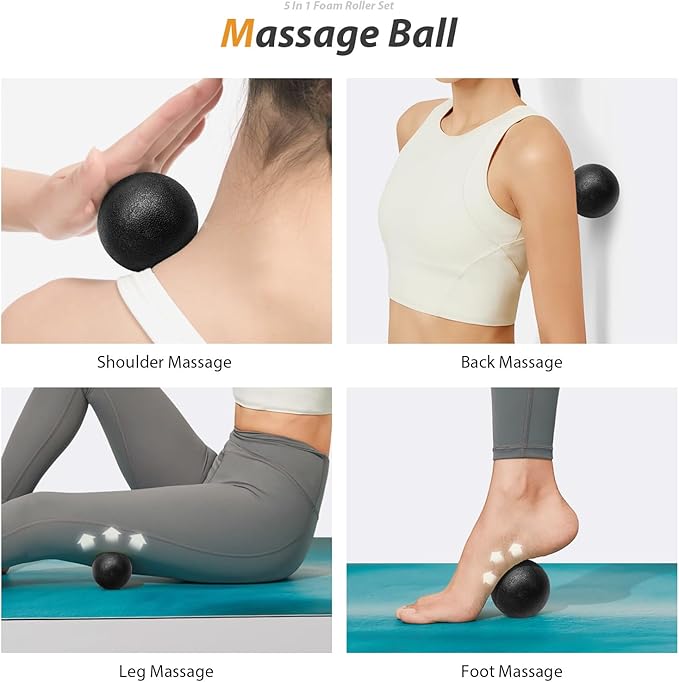 5 in1 Foam Roller Set, Trigger Point Foam Roller, Massage Roller Stick, Massage Ball, Resistance Band for Deep Muscle Massage Pilates Yoga,Fitness Exercise for Whole Body (Black-Red)