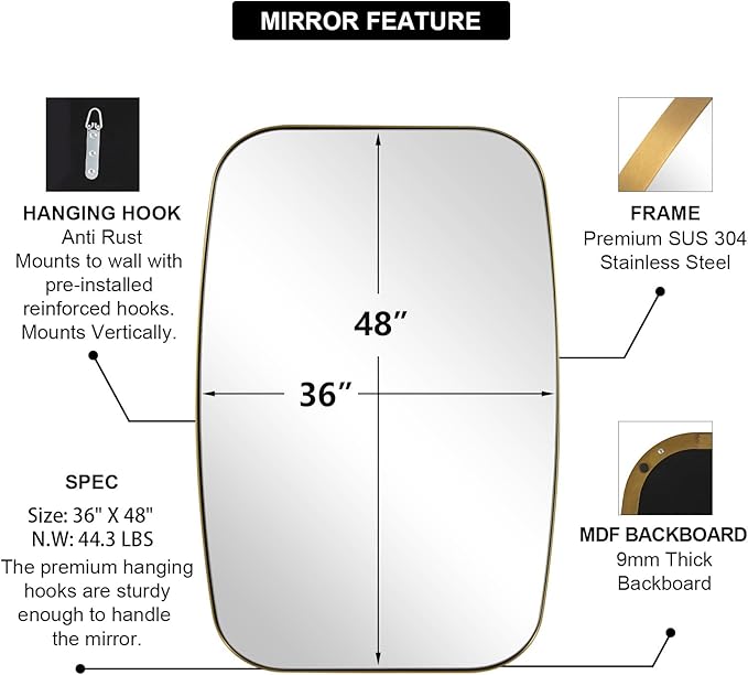 ANDY STAR Gold Oblong Mirror, 36x48 Inch Gold Oval Mirror for Bathroom with Stainless Steel Metal Frame, Wall Mouned for Bathroom, Living Room, Entryway