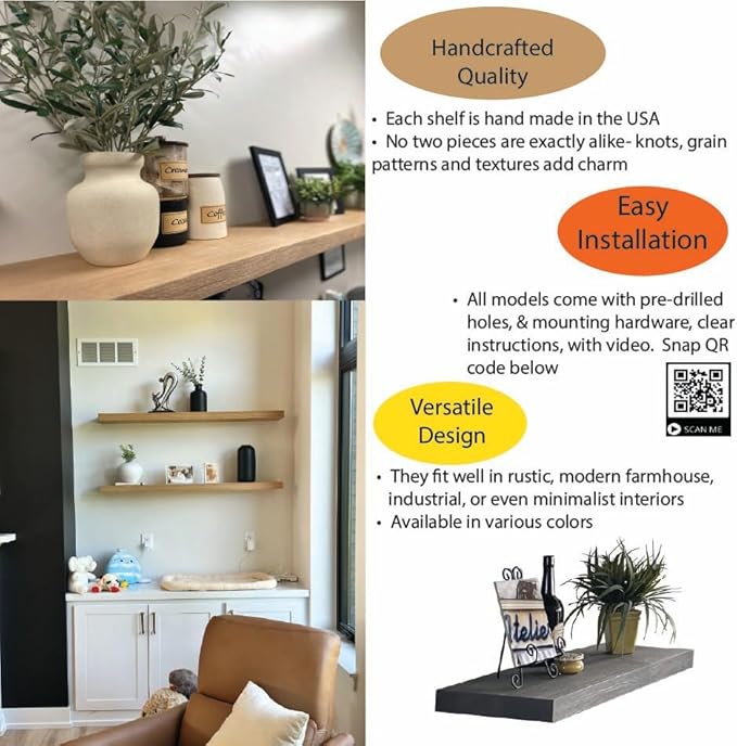 joelsantiques - 30 Inch Wooden Floating Shelves for Wall - 30x6x2 in - Made of Natural Wood - Long Heavy Duty Rustic Wall Shelves for Bedroom - Perfect for Living Room, Kitchen - Medium Brown