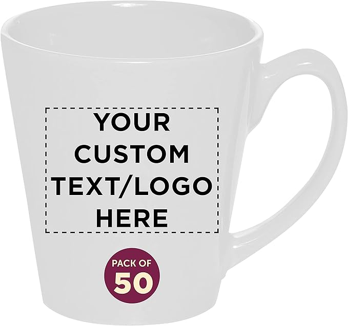 DISCOUNT PROMOS Custom Glossy Ceramic Latte Coffee Mug 12 oz. Set of 50, Personalized Bulk Pack - Perfect for Tea, Espresso, Cappuccino, Hot Cocoa - White