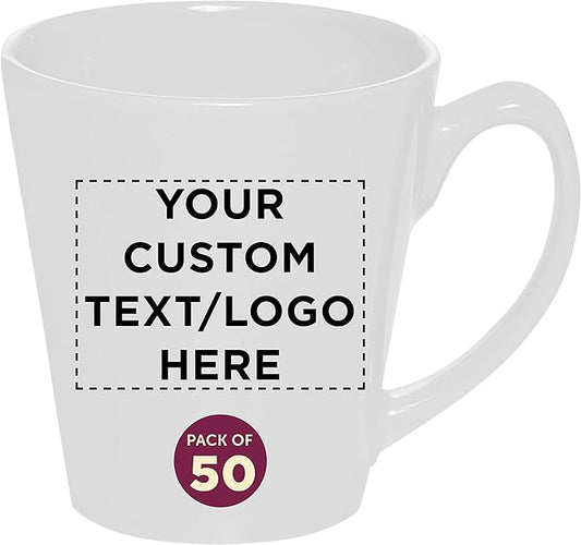 DISCOUNT PROMOS Custom Glossy Ceramic Latte Coffee Mug 12 oz. Set of 50, Personalized Bulk Pack - Perfect for Tea, Espresso, Cappuccino, Hot Cocoa - White