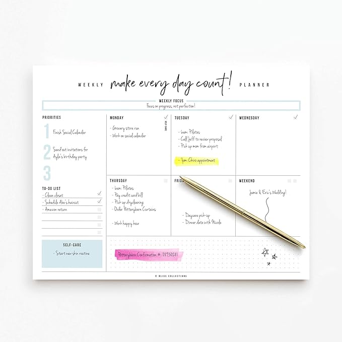 Bliss Collections Weekly Planning Pad, To Do List Notebook - Undated Tear-Off Sheets Notepad - Work Calendar, Organizer, Scheduler for Goals, Tasks - Make Every Day Count, 8.5" x 11", 50 Sheets