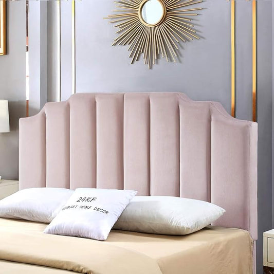 24KF Pink Velvet Tufted Queen Upholstered Headboard, Modern Vertical Channel Design California Queen/Full Headboard with Stepped Silhouette Top Edge, Pink