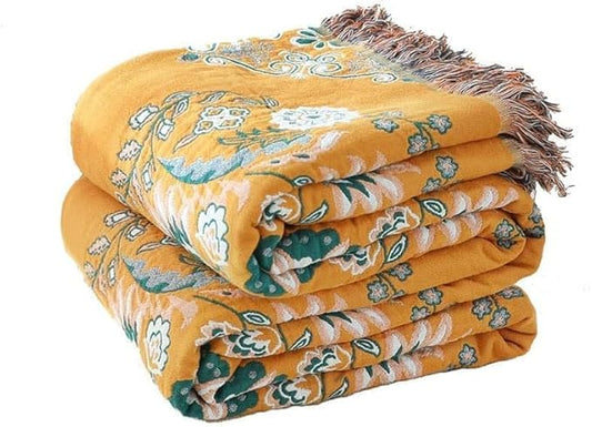 Boho Throw Blanket for Bed,100% Cotton Ultra Soft Lightweight Muslin 4-Layer Breathable Woven Throws 80''x 90'' Blanket Yellow Floral Printed Farmhouse Decor Bed Blankets