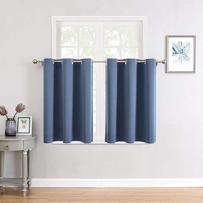 ChrisDowa Small Window Curtains for Kitchen and Bedroom - Grommet Short Thermal Insulated Room Darkening Curtains (2 Panels, Stone Blue, 42 x 36 Inch)