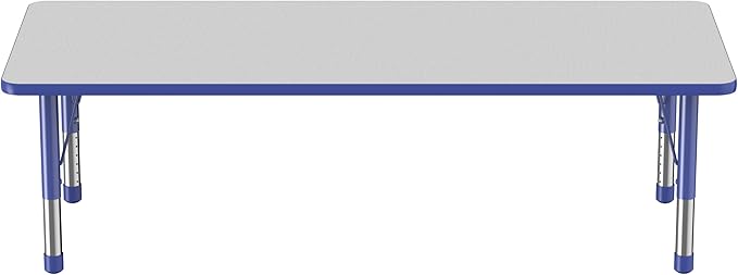 FDP Rectangle Activity School and Classroom Kids Table (30 x 72 inch), Chunky Toddler Leg, Adjustable Height 15-24 inches - Gray Top and Blue Edge